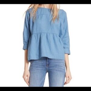 FRAME Blue Heaven Linen Peplum Top EUC